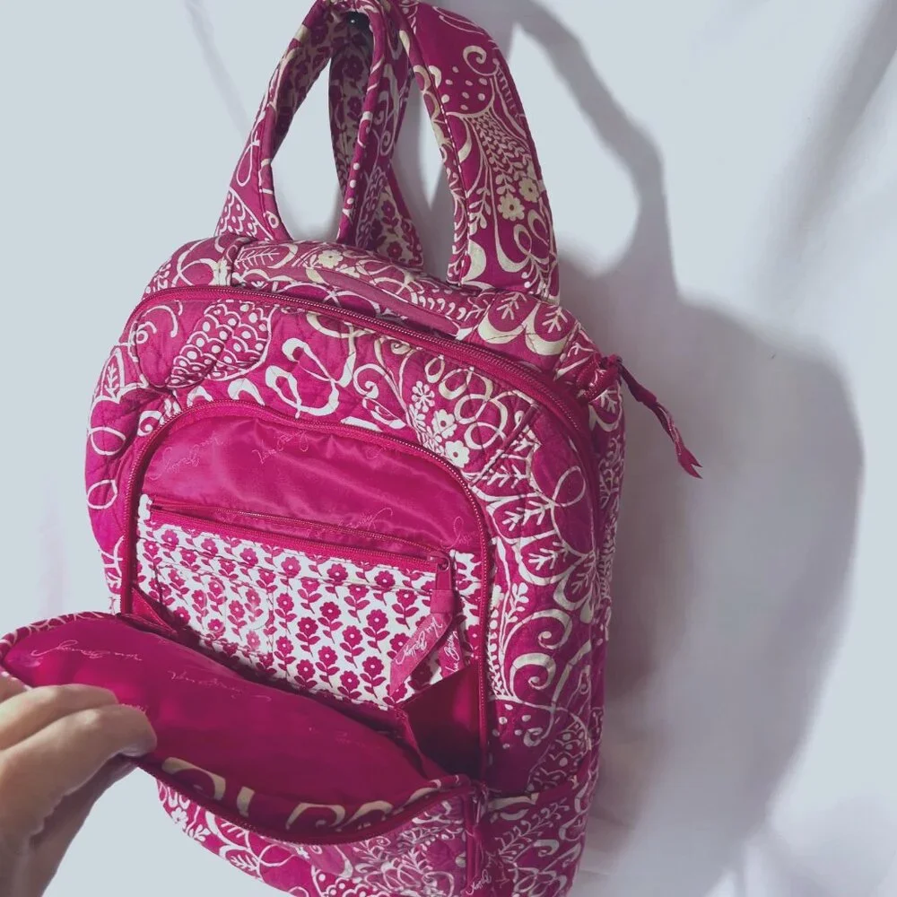 Vera Bradley Computer/Laptop Back Pack-Twirly Bird Hot Pink/White-Large-School